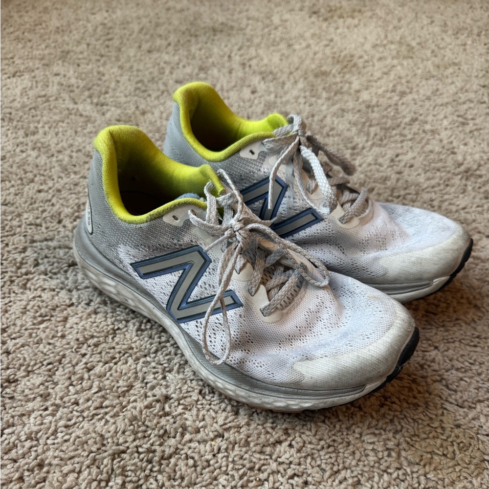 New Balance Fresh Foam 680 White and Gray Sneakers with Yellow Trim